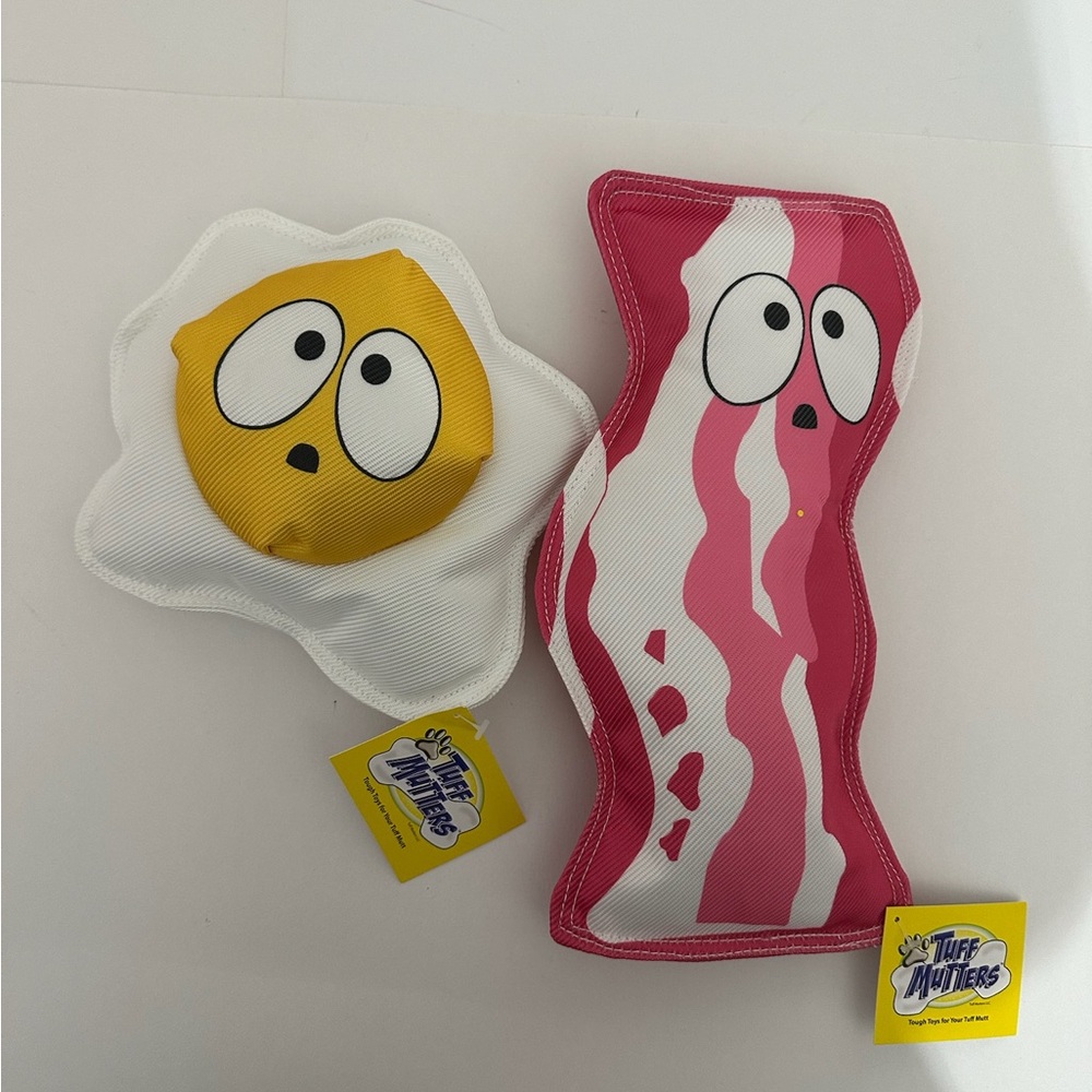 NWT Tuff Mutters Bacon and Egg Dog Toys Set of 2 Durable Plush Squeaky Pet Chews - Picture 12 of 12